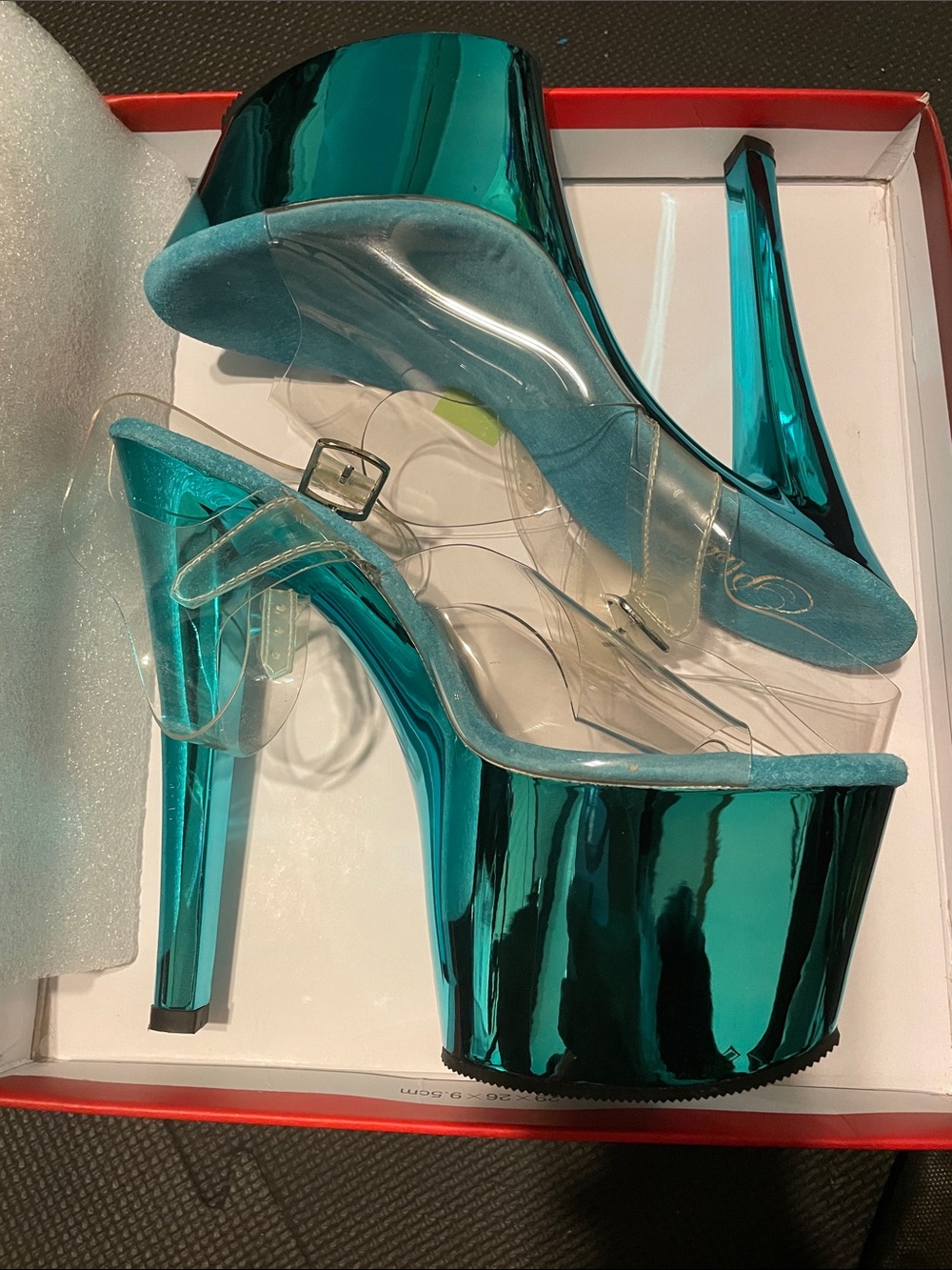 Pleaser Teal Metallic Platform Stiletto Heels with Clear Straps